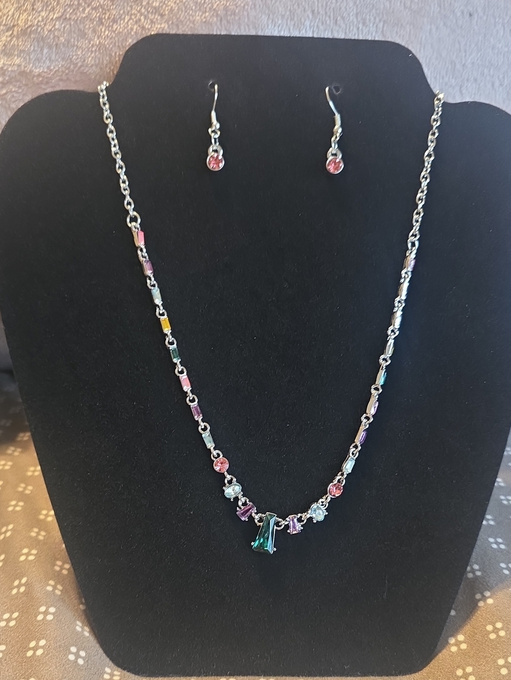 Multicolor Crystal Pendant Necklace and Earrings Set - Silver Tone